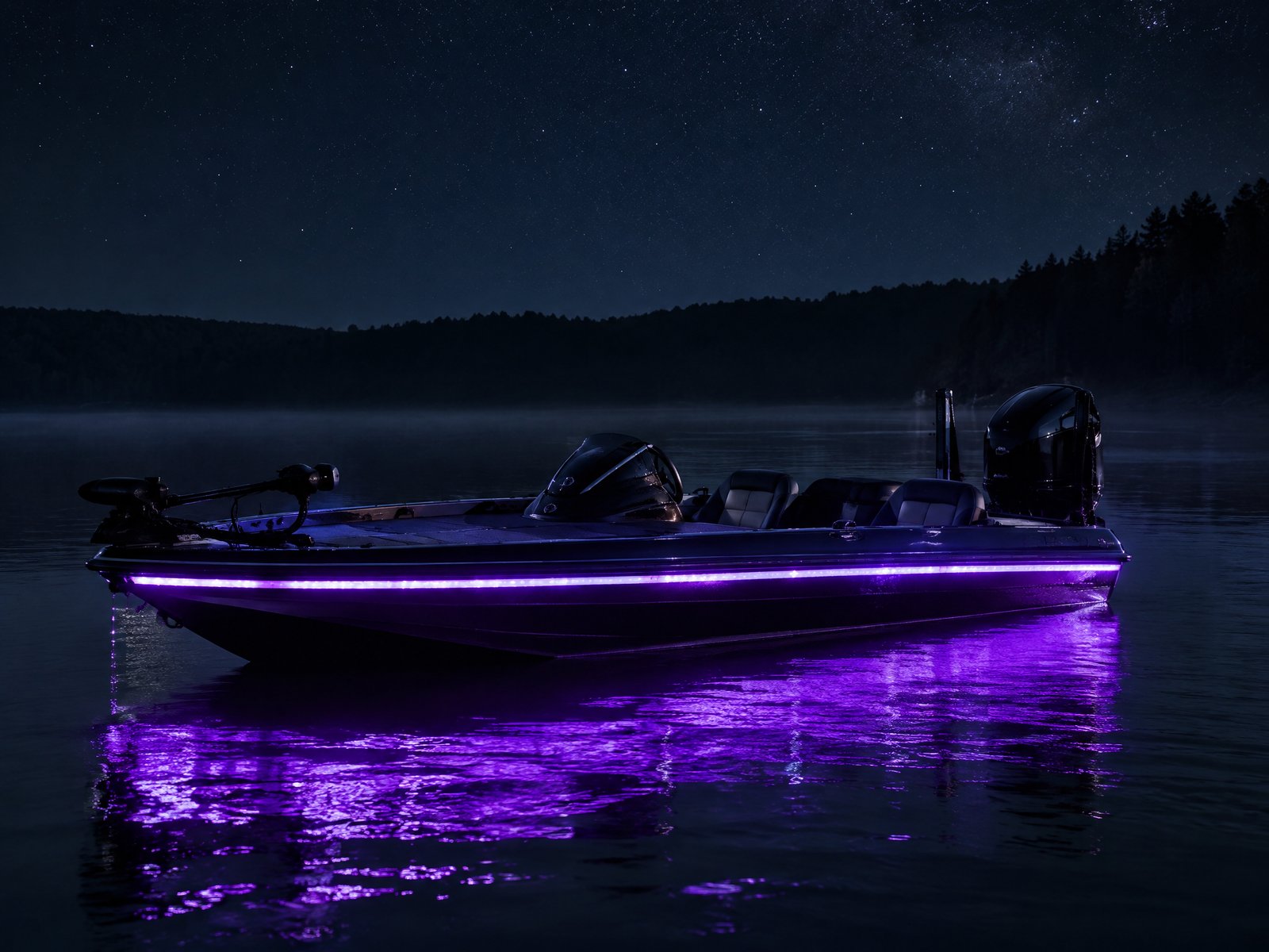 Bass boat with purple rub rail lighting, lights off versus lights on, lights on